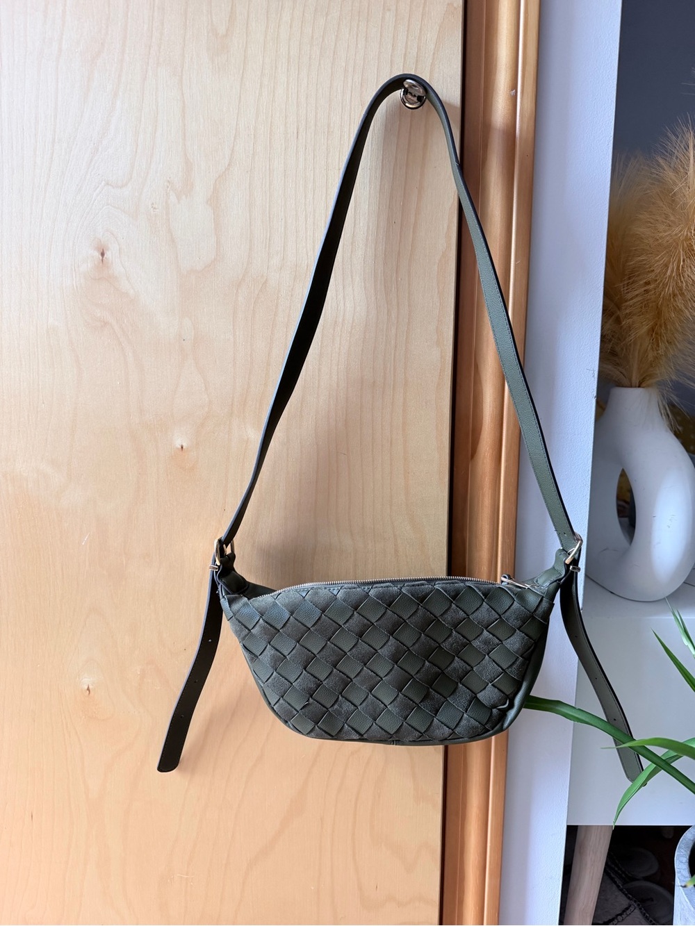 Woven Leather Shoulder Bag in Olive Green